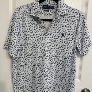 Ralph Lauren Men's White and Blue Patterned Polo Shirt
